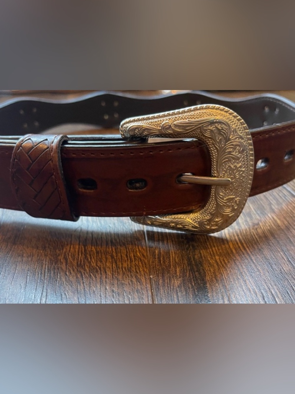 Brown Leather Belt with Silver Buckle, Western Style Size Youth Medium - Picture 3 of 10